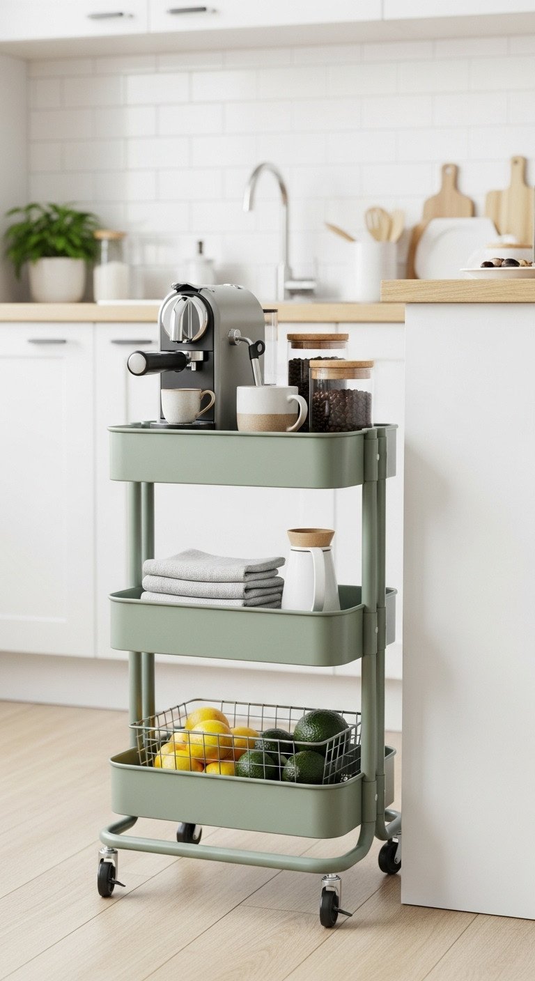 13 Genius Studio Apartment Kitchen Hacks That Save Space 3 Stylish sage green three-tiered rolling utility cart as a coffee station, holding towels, lemons, avocados in a bright kitchen. Home decor.