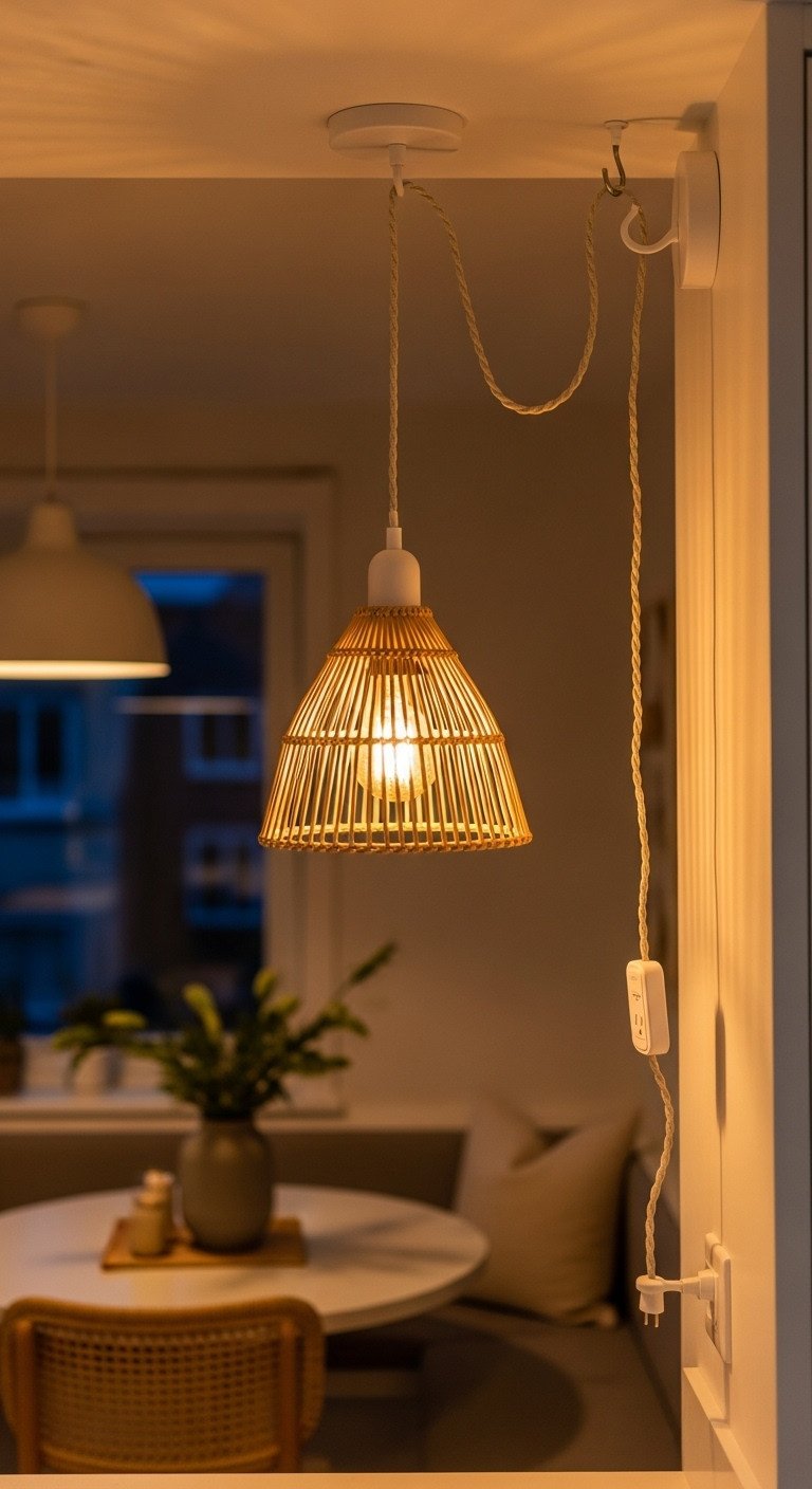 Stylish small apartment kitchen with a beautiful plug in pendant light with a woven rattan shade hanging over a small dining nook