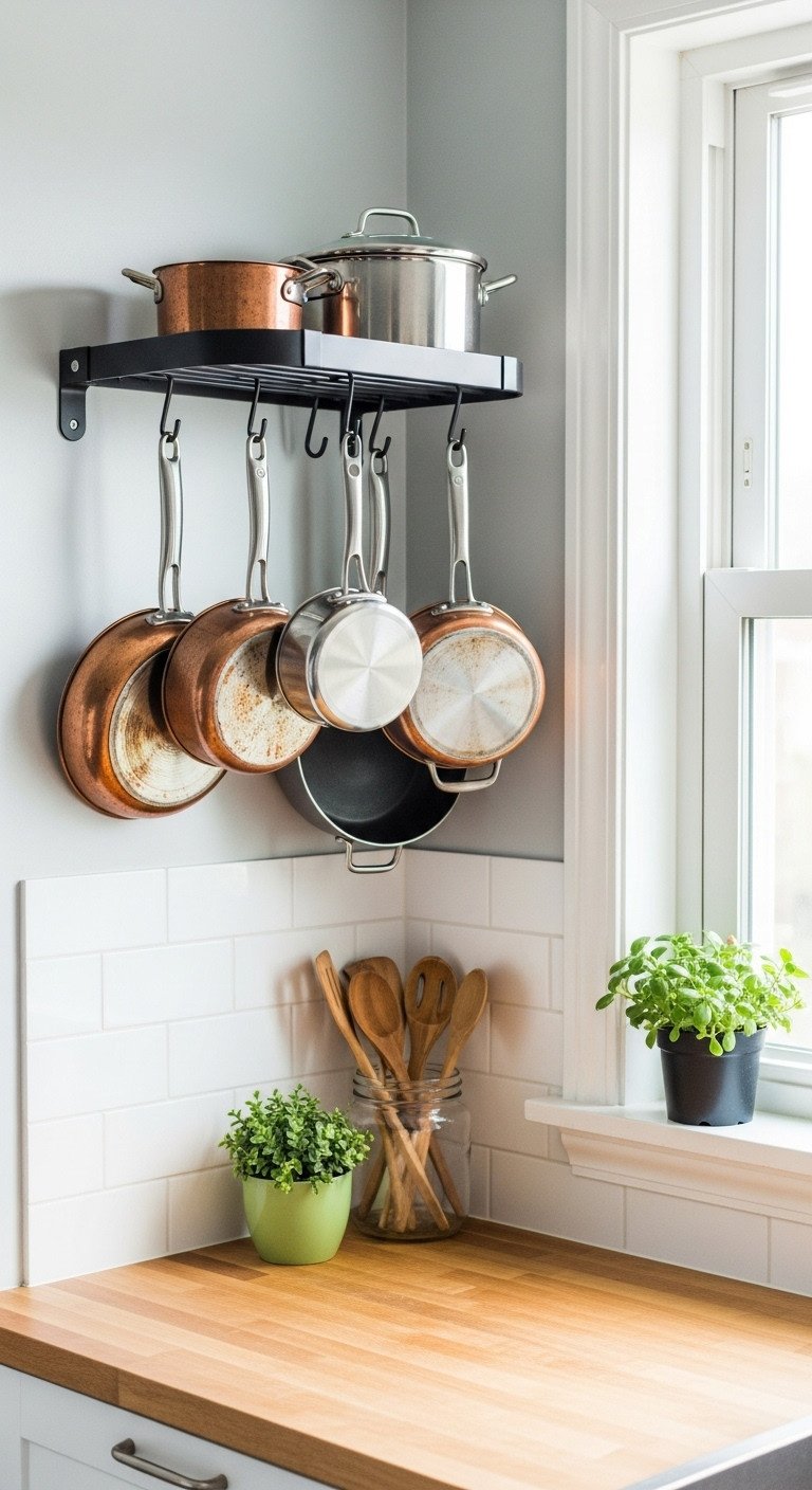 Stylish small apartment kitchen with a matte black wall mounted pot rack holding copper and stainless steel pots above a butcher block counter