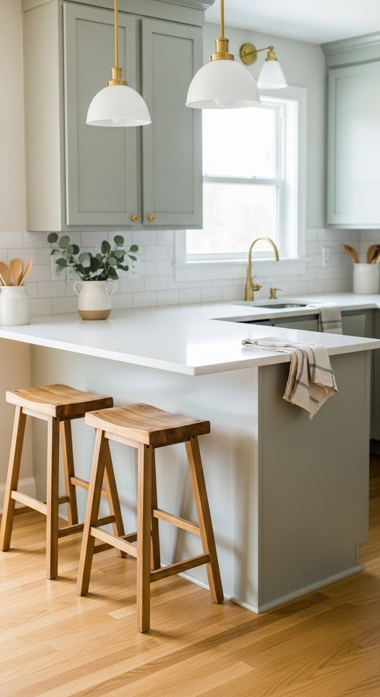 Stylish small kitchen features a white quartz peninsula, sage green cabinets, light oak floors, and two modern wooden counter stools. Ideal for home decor.