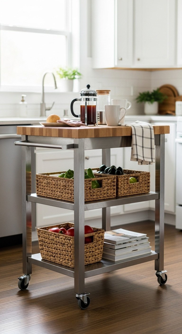 13 Brilliant Galley Kitchen Ideas To Maximize Your Space 9 Stylish stainless steel rolling kitchen cart, butcher block coffee station, woven baskets, cookbooks, modern kitchen.
