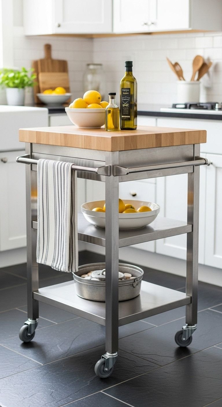 9 Genius Small Kitchen Layouts That Maximize Every Inch 15 Stylish stainless steel rolling kitchen island with butcher block top, lemons, and olive oil on slate floor.