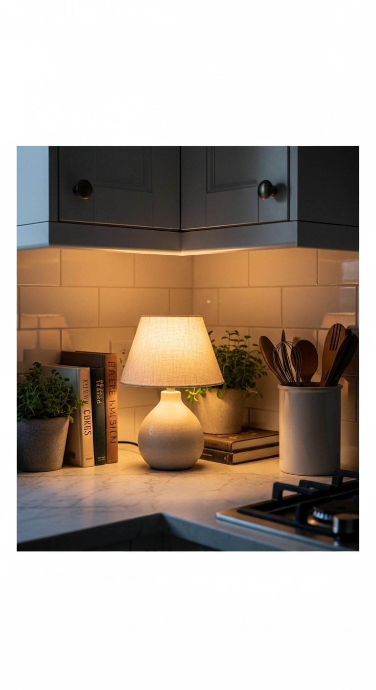 How To Make A Kitchen Cozy A Simple Method For Apartments 5 Stylish table lamp with linen shade glowing on a marble kitchen counter, vintage cookbooks, potted herb. Cozy home decor accent lighting.
