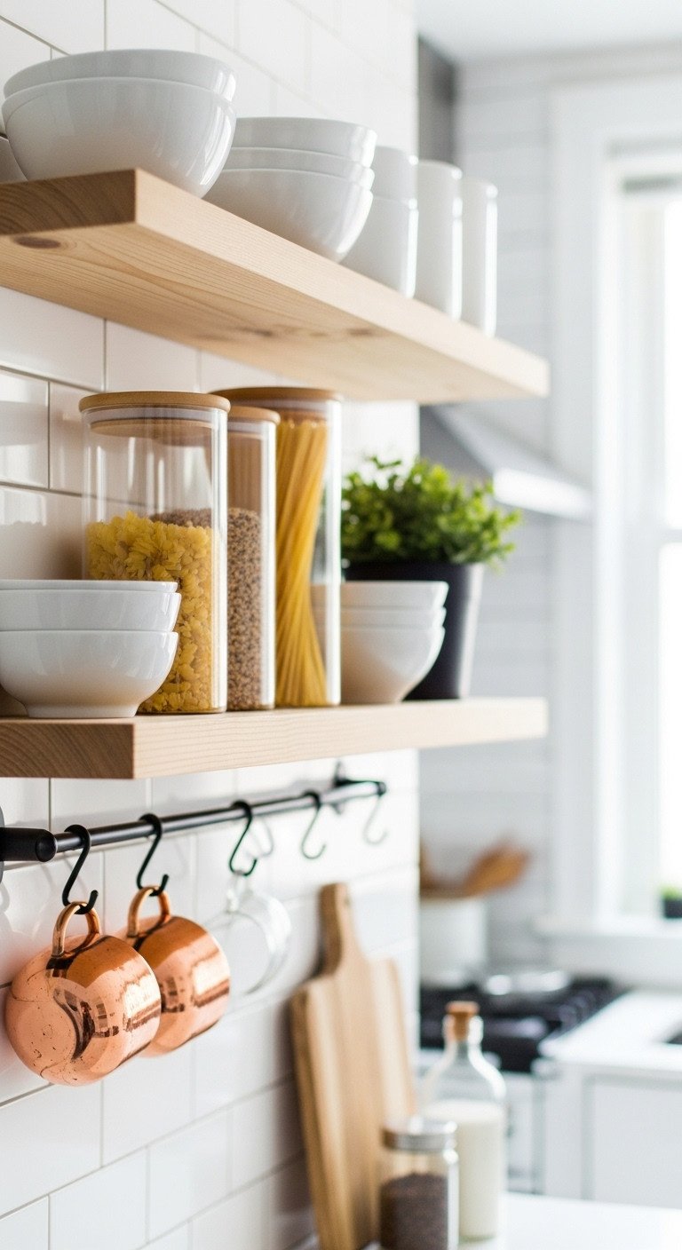 Stylish tiny apartment kitchen with minimalist open shelving featuring ceramic dishes, glass jars, succulent, and copper mugs on a subway tile wall