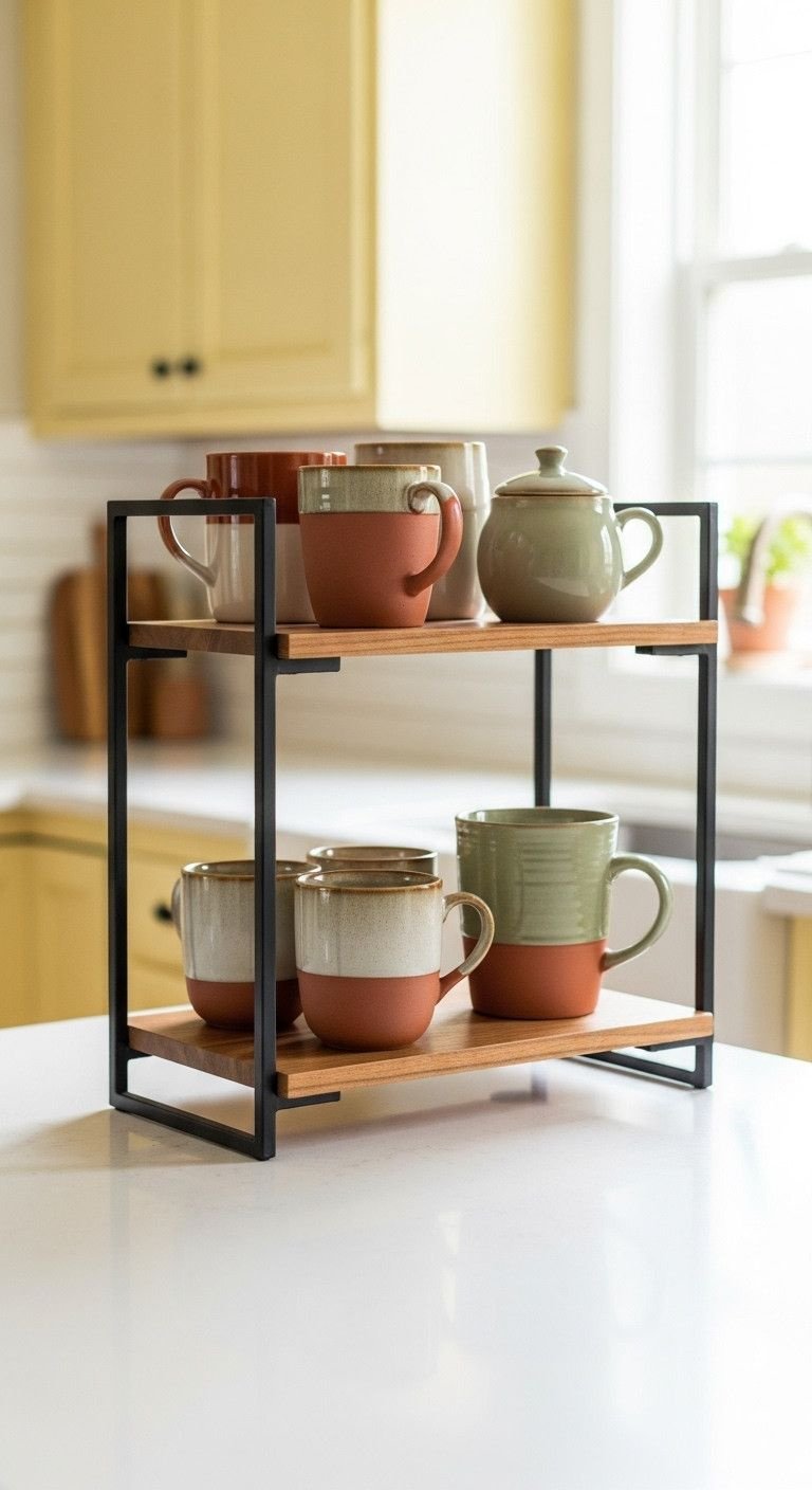 13 Charming Vintage Apartment Kitchen Ideas For Renters 10 Stylish two-tier wood and black metal countertop shelf with vintage mugs and sugar bowl on a white counter, organized kitchen.