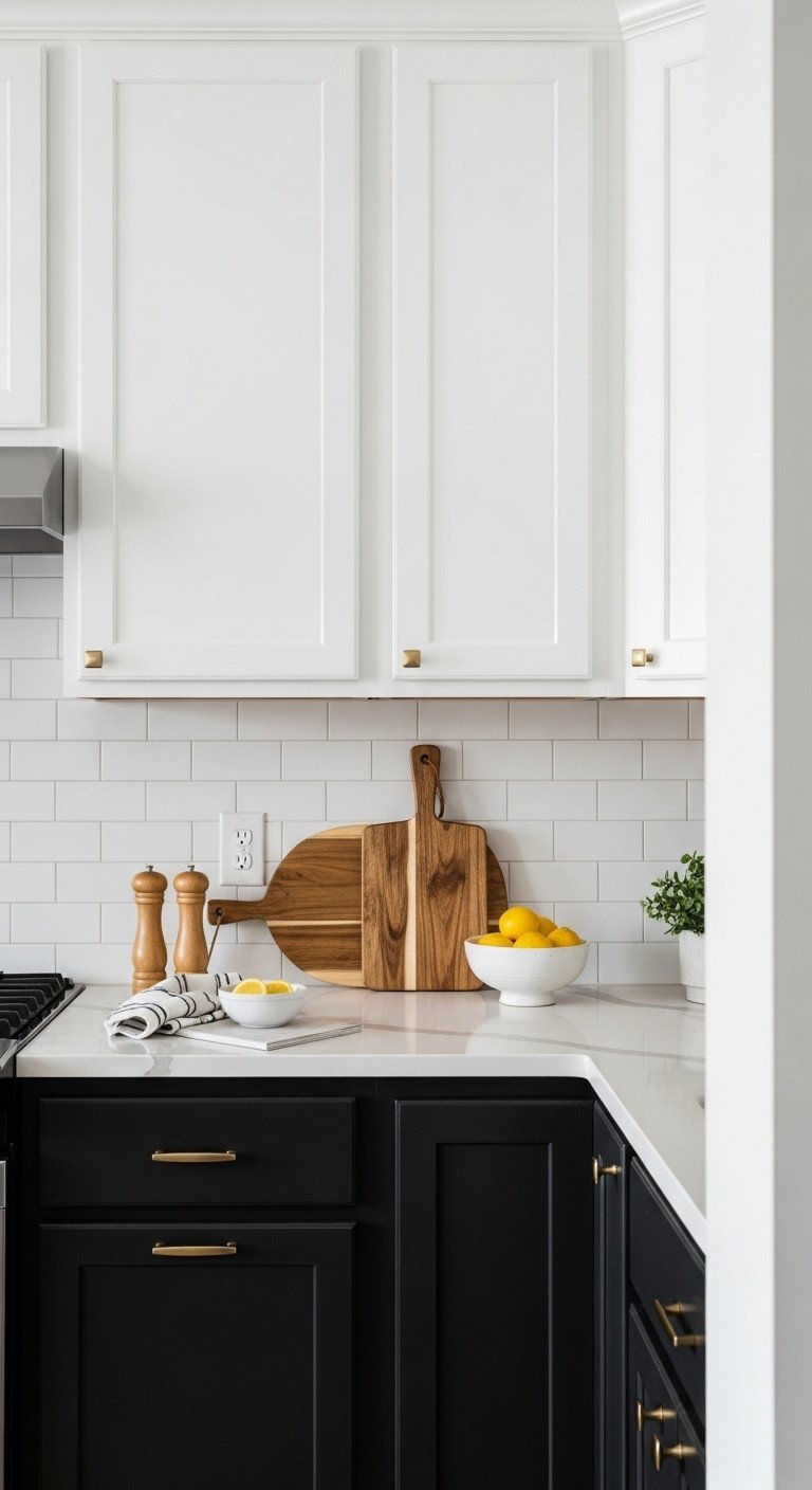 Stylish two-tone apartment kitchen: matte black lower, white upper cabinets. Features wooden board, lemons under natural light.