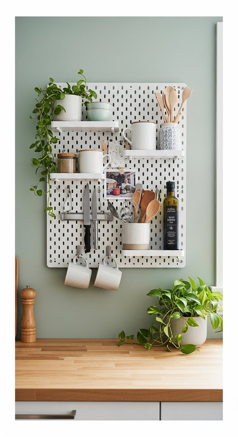 11 Smart Apartment Kitchen Organization Ideas For Renters 21 Stylish white pegboard on a sage green kitchen wall, organizing mugs, utensils, a plant, and olive oil above a counter.