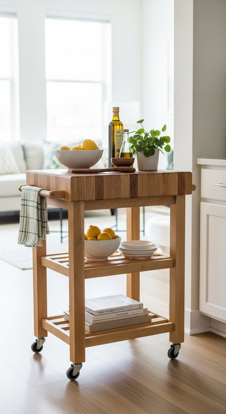 Stylish wooden butcher block rolling kitchen cart with lemons, cookbooks, and a tea towel in a bright small apartment kitchen