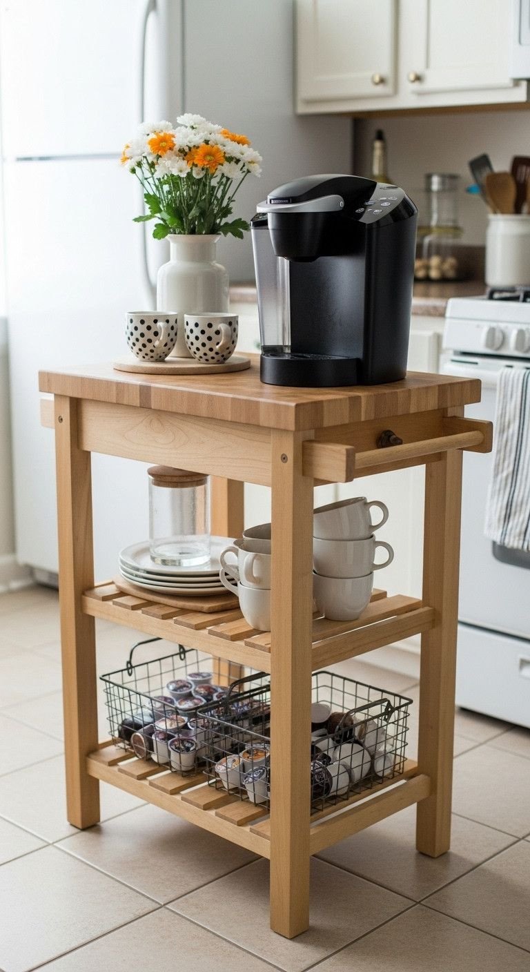 Stylish wooden kitchen cart with butcher block top functions as a coffee station, featuring a modern coffee maker and mugs.