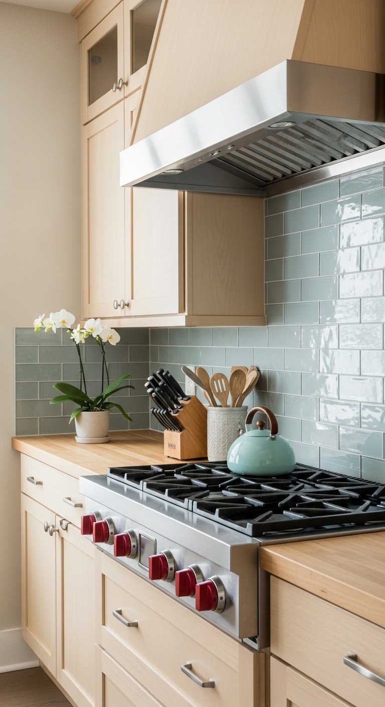 11 Japanese Kitchen Color Schemes For A Tranquil Home 15 Subtle serene blues Japandi kitchen with warm neutral walls light wood cabinets and blue glass subway tiles