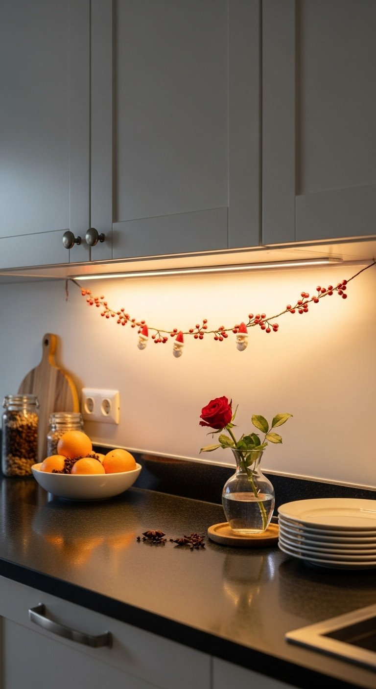 Subtle under-cabinet LED lighting illuminates a thin festive garland with berries and Santa ornaments on a dark kitchen countertop.