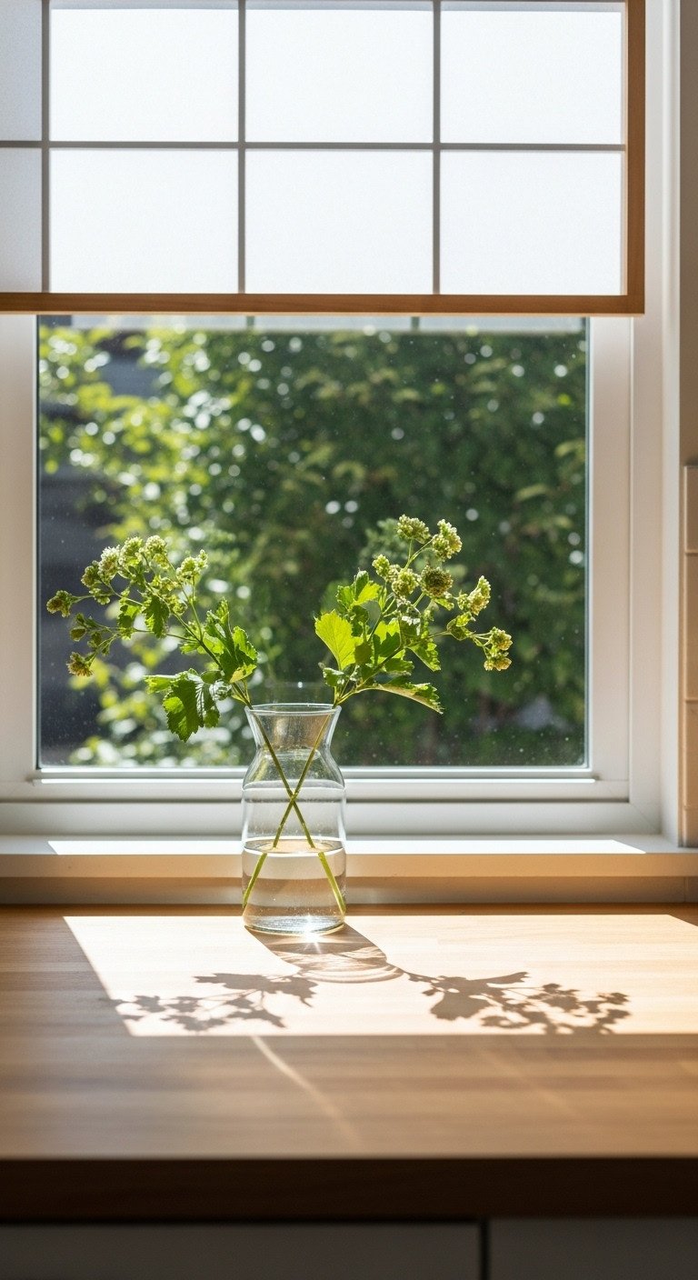 Sunlight streaming through a shoji style screen onto a clean wooden kitchen countertop