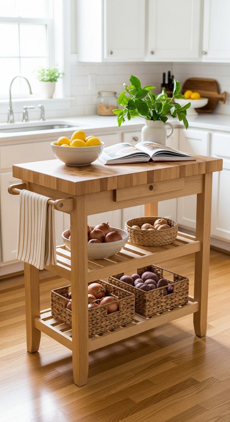 11 Genius Apartment Kitchen Design Ideas For Small Spaces 9 Sunlit kitchen with stylish wooden cart, butcher block top, fresh lemons, cookbook, and woven baskets with produce.