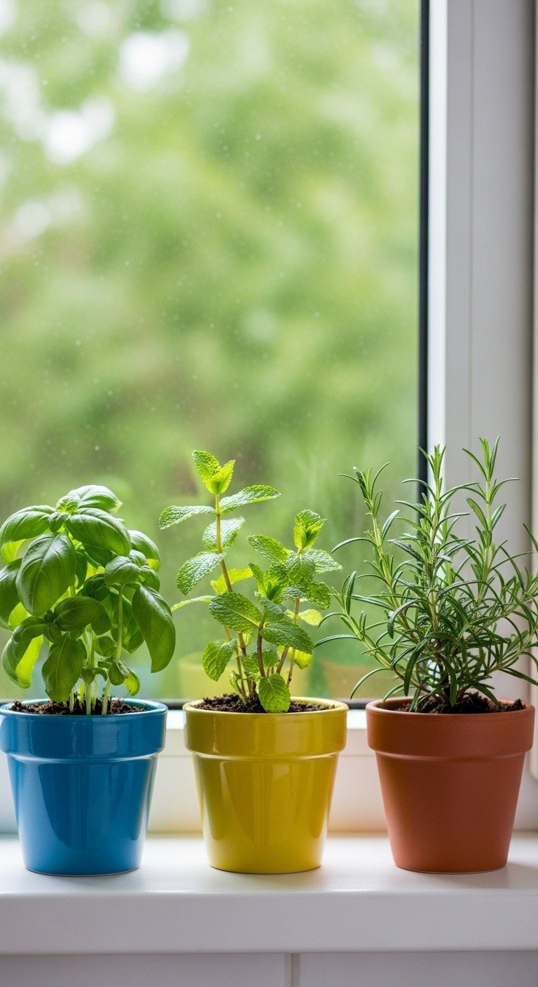 11 Colorful Apartment Kitchen Ideas To Add Personality 21 Sunny kitchen windowsill with colorful ceramic pots holding fresh basil, mint, and rosemary herbs, showing water droplets.
