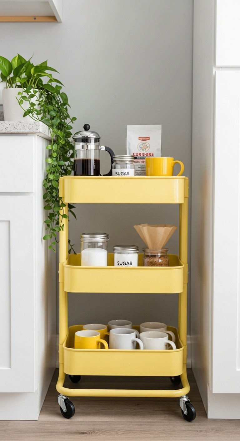 Sunny yellow 3-tier utility cart coffee station with french press, mugs. Organized kitchen storage.