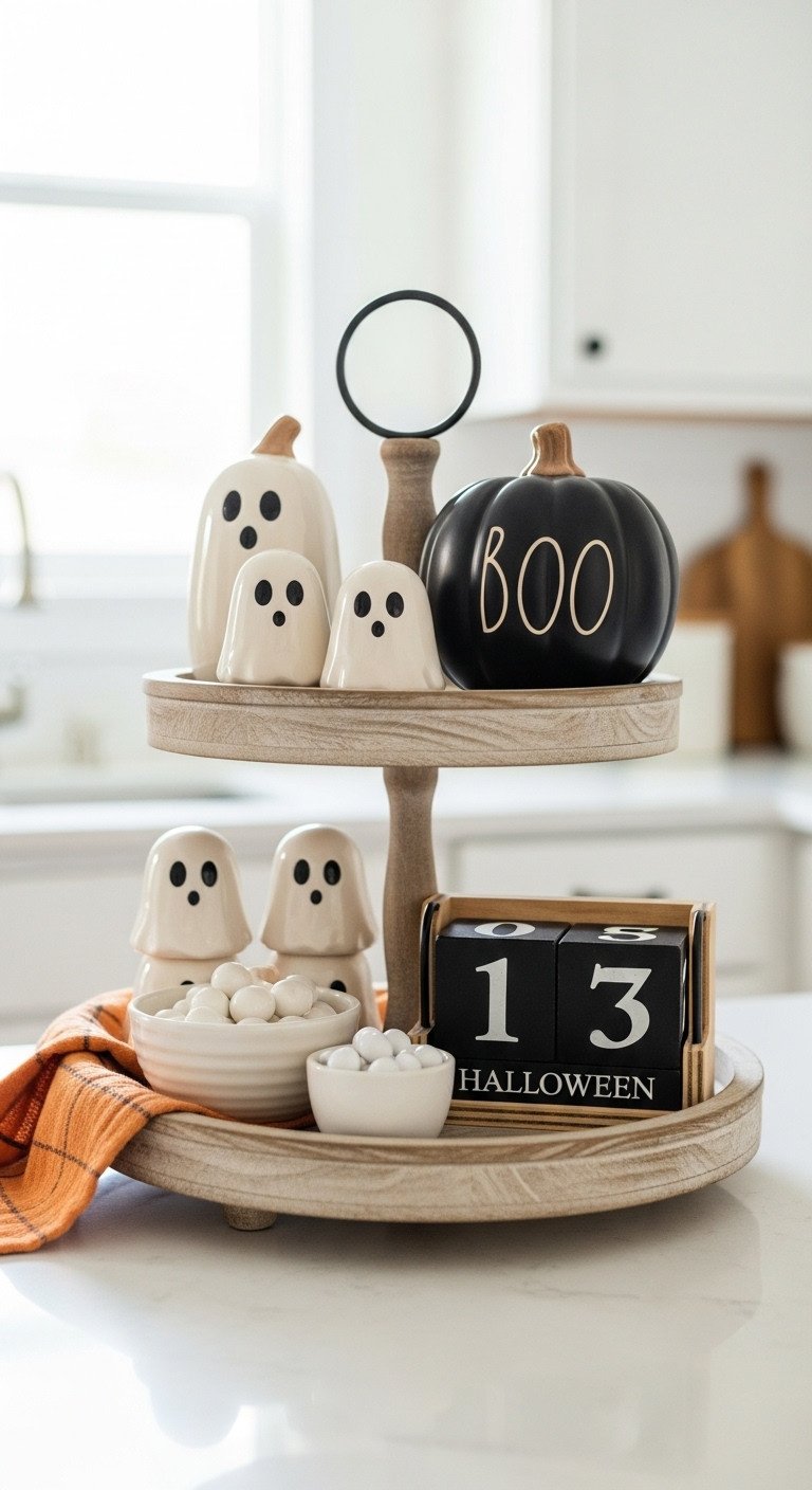 Sweet Spirits Only tiered tray with friendly ceramic ghosts matte black pumpkin calendar and white candies