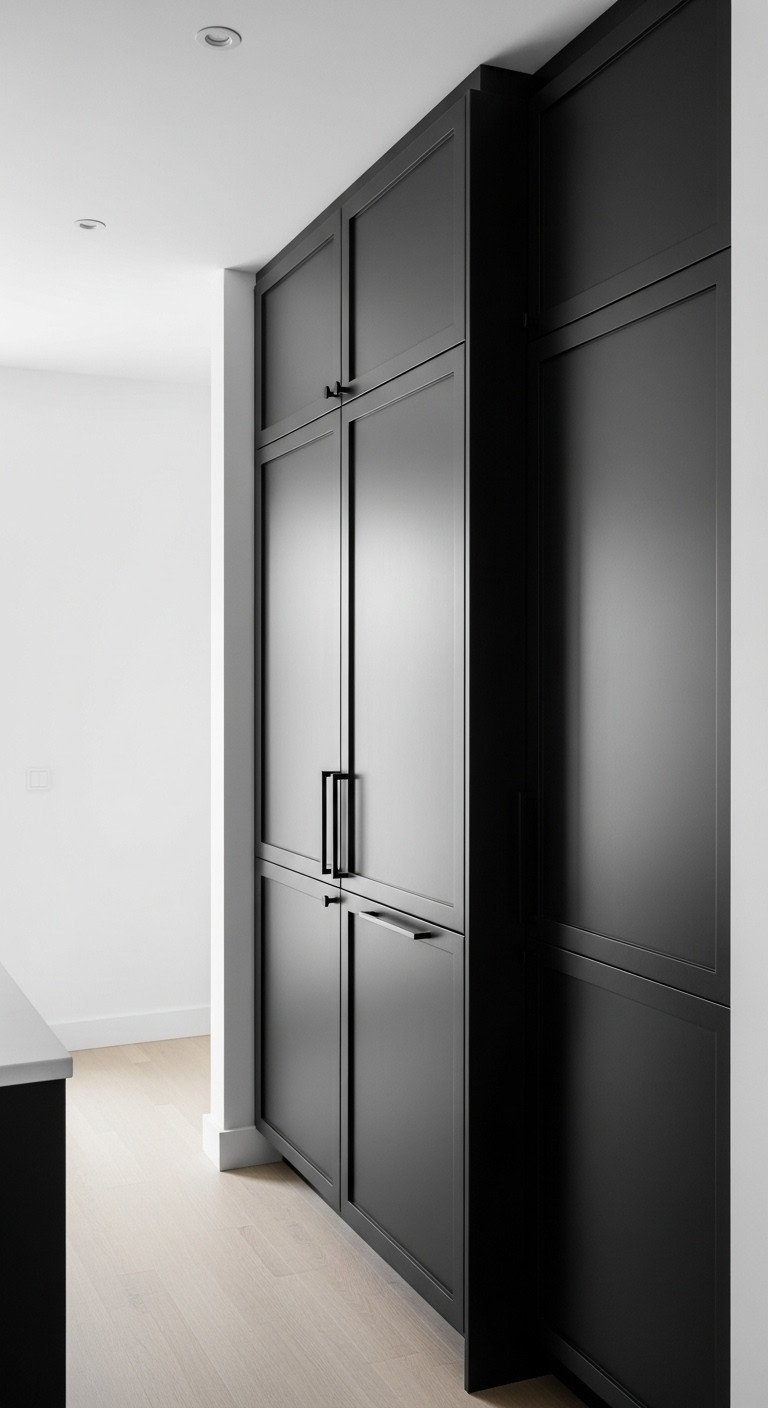 Tall apartment kitchen: floor-to-ceiling matte black pantry cabinets, integrated refrigerator, black edge pulls. Modern, spacious.