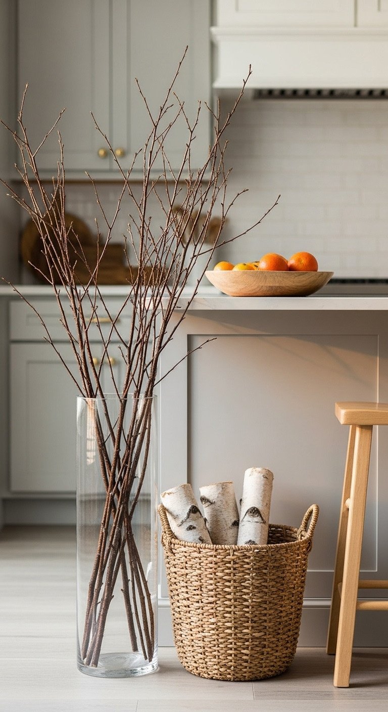 7 January Decor After Christmas Kitchen Ideas For A Cozy Reset 5 Tall glass vase with bare birch branches and a woven basket with birch logs in a kitchen corner