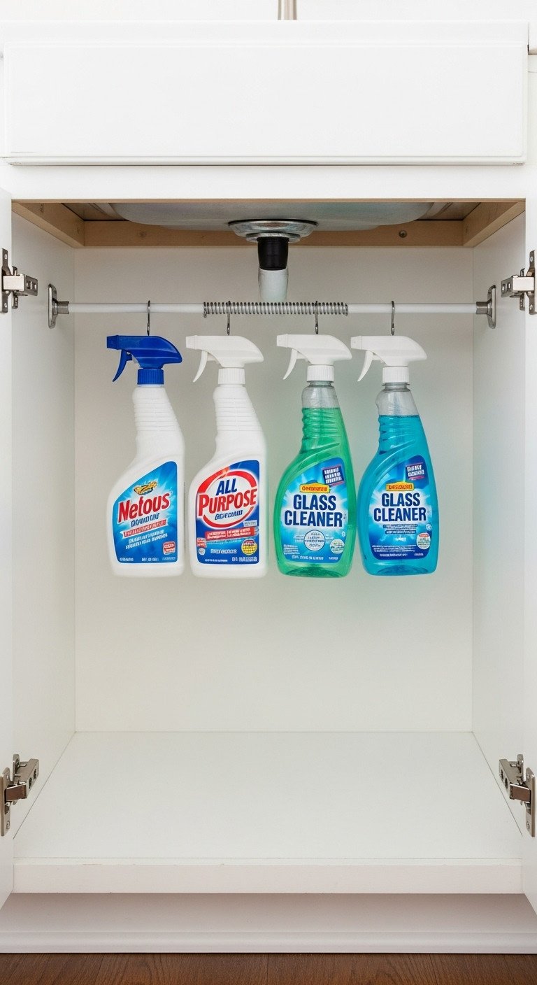 Tension rod organizing spray bottles under a kitchen sink freeing up cabinet space