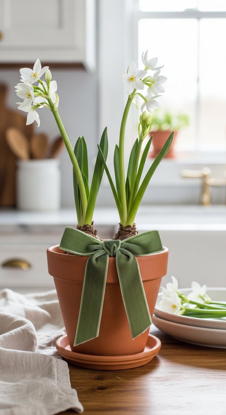 Terracotta pot with paperwhites adorned with a lush sage green velvet ribbon bow