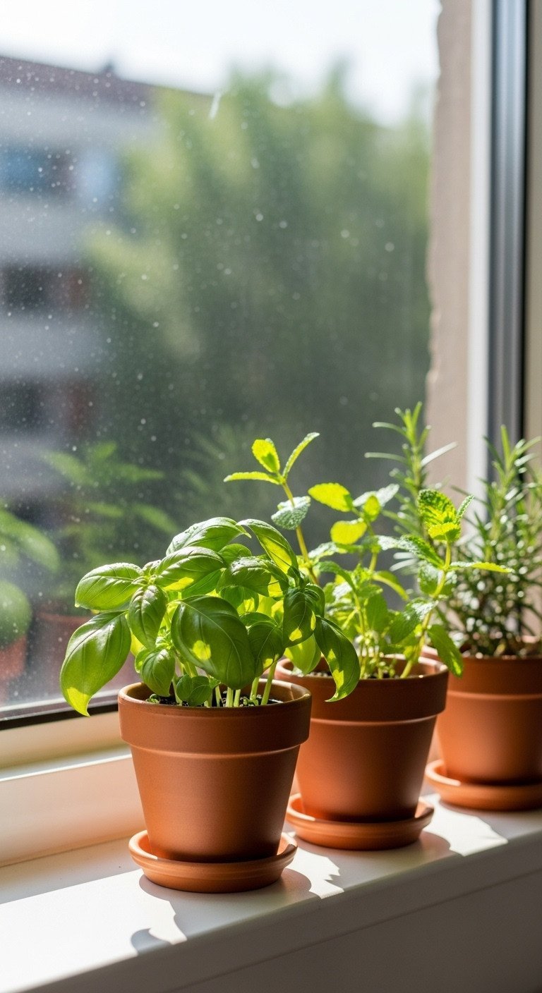 Smart White Apartment Kitchen Ideas To Maximize Style And Space 17 Terracotta pots with fresh basil, mint, and rosemary herbs on a sunny white kitchen windowsill.