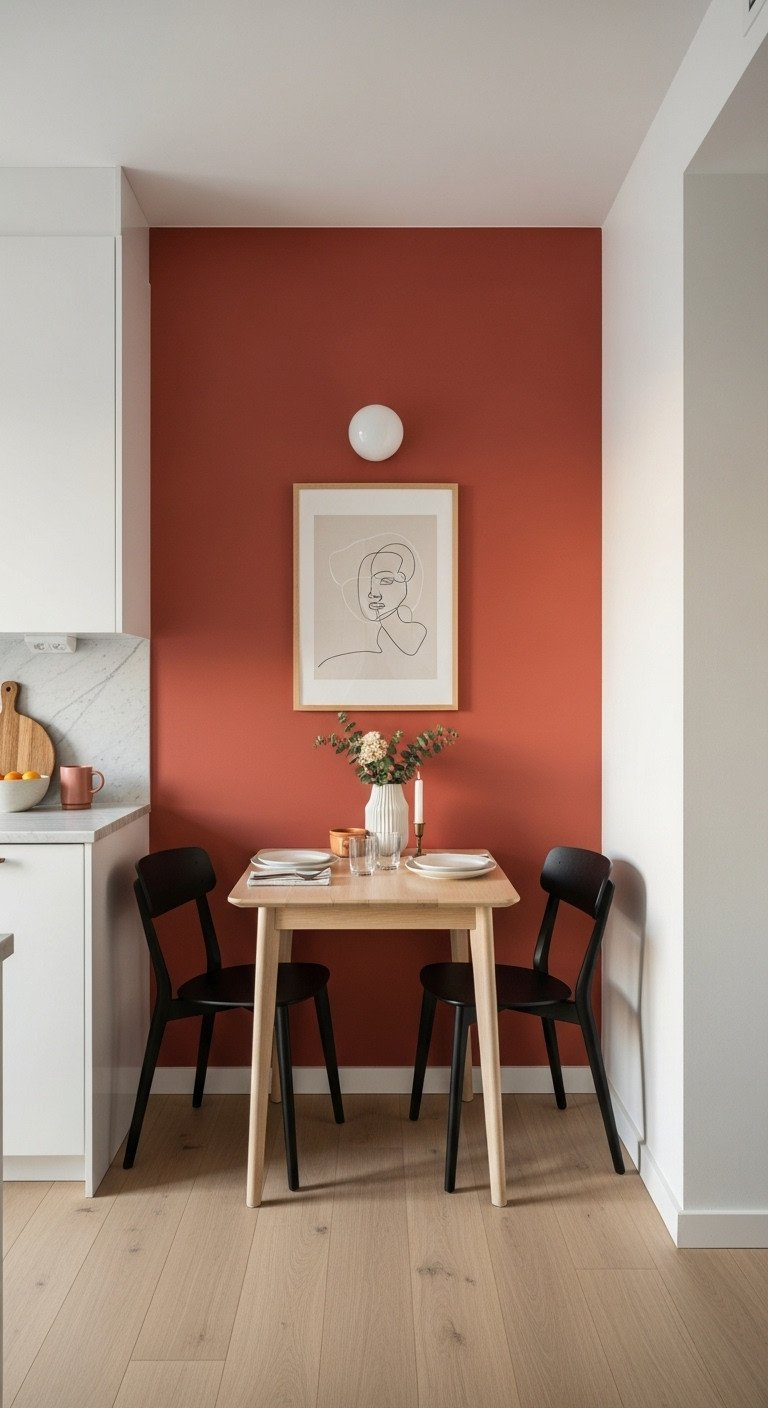 9 Red Apartment Kitchen Ideas That Look Open And Bright 3 Terracotta red accent wall, modern kitchen dining nook, blonde bistro table, black chairs, light oak floor. Home style.