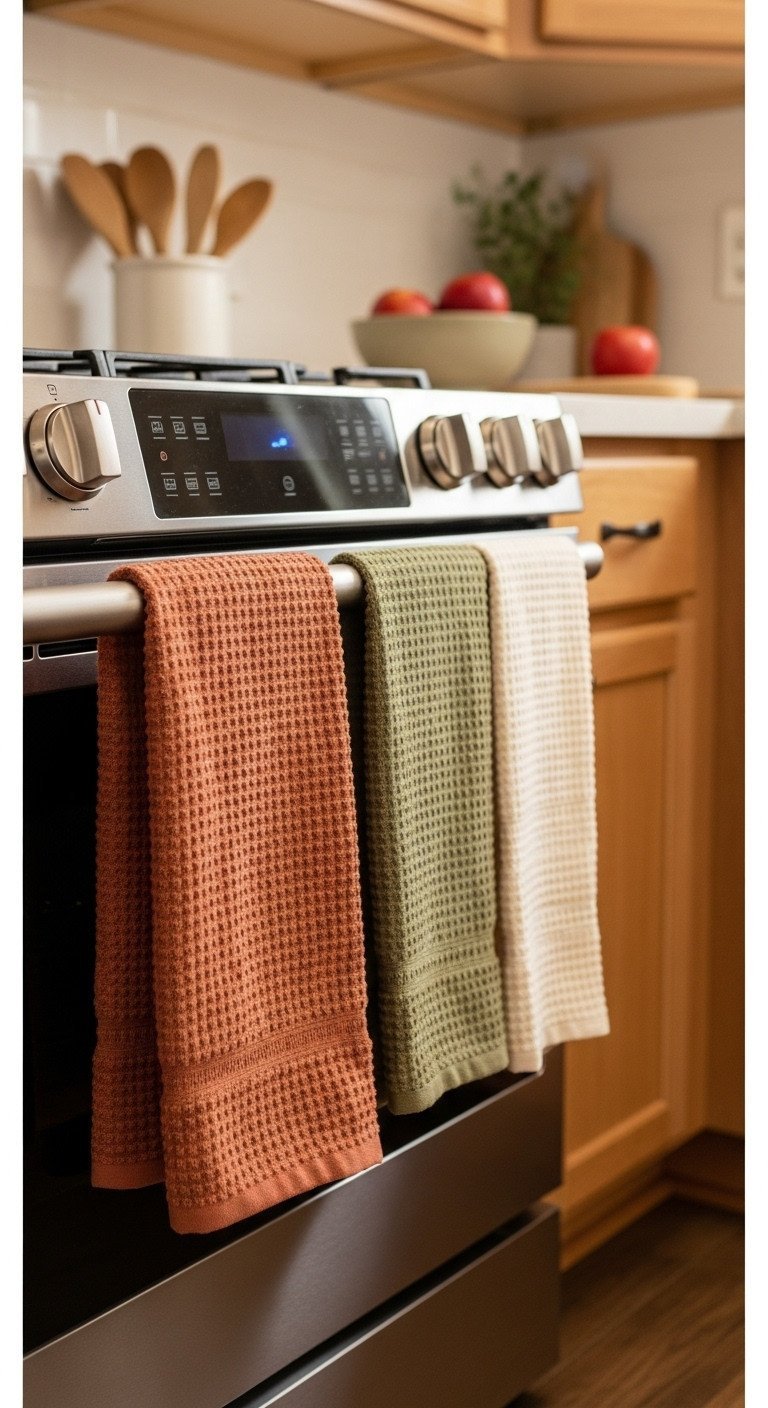 Textured fall kitchen towels in terracotta, olive green, and cream hanging from a stainless steel oven door handle. Cozy autumn decor.