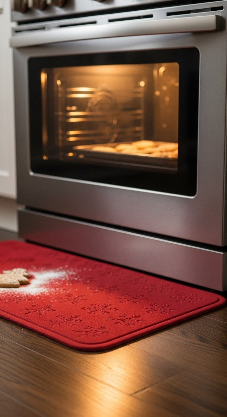 Thick anti-fatigue Christmas kitchen mat with snowflake pattern in front of stove for comfortable holiday baking