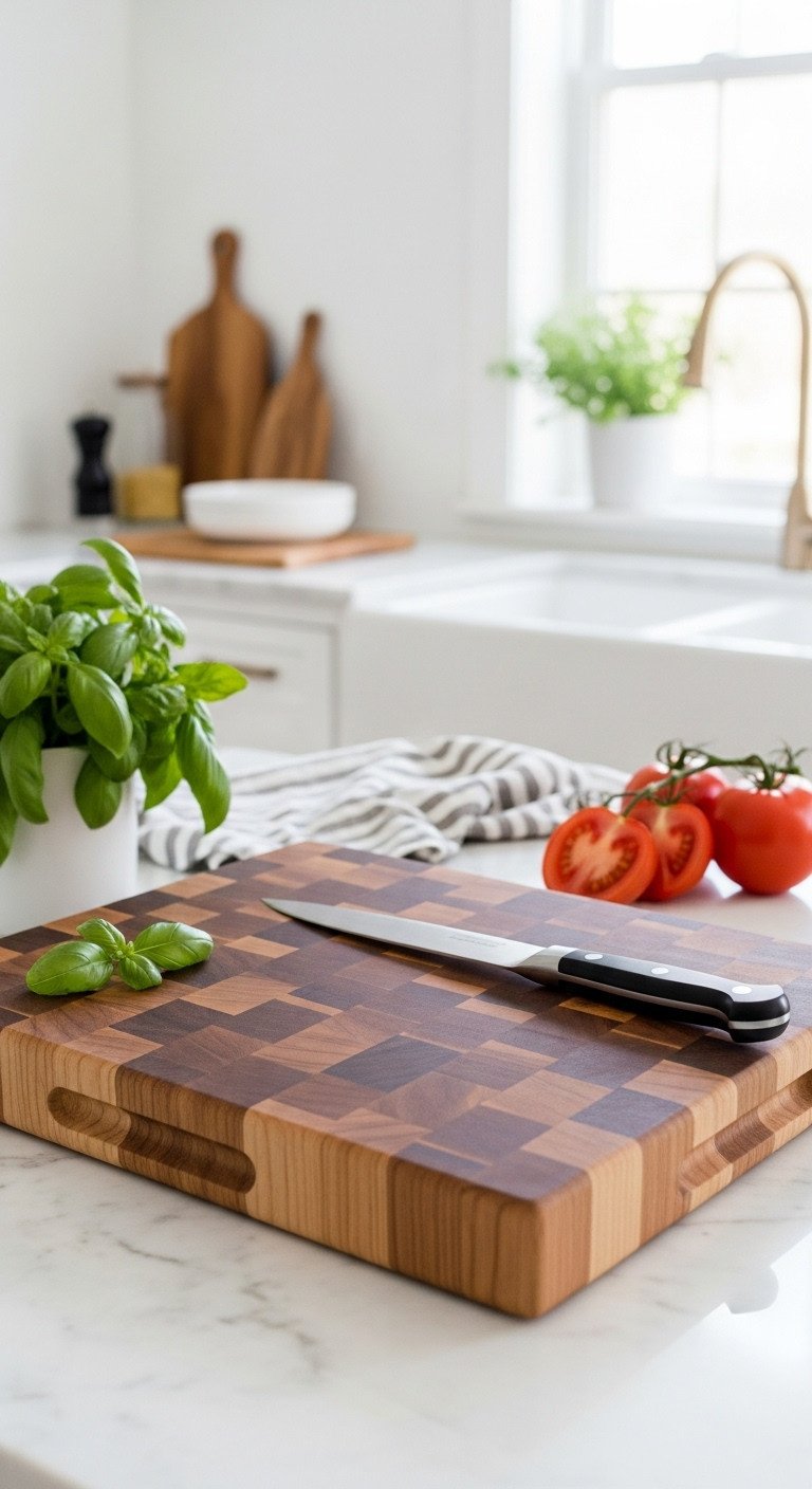 Thick maple end grain cutting board with a chef knife basil and tomato