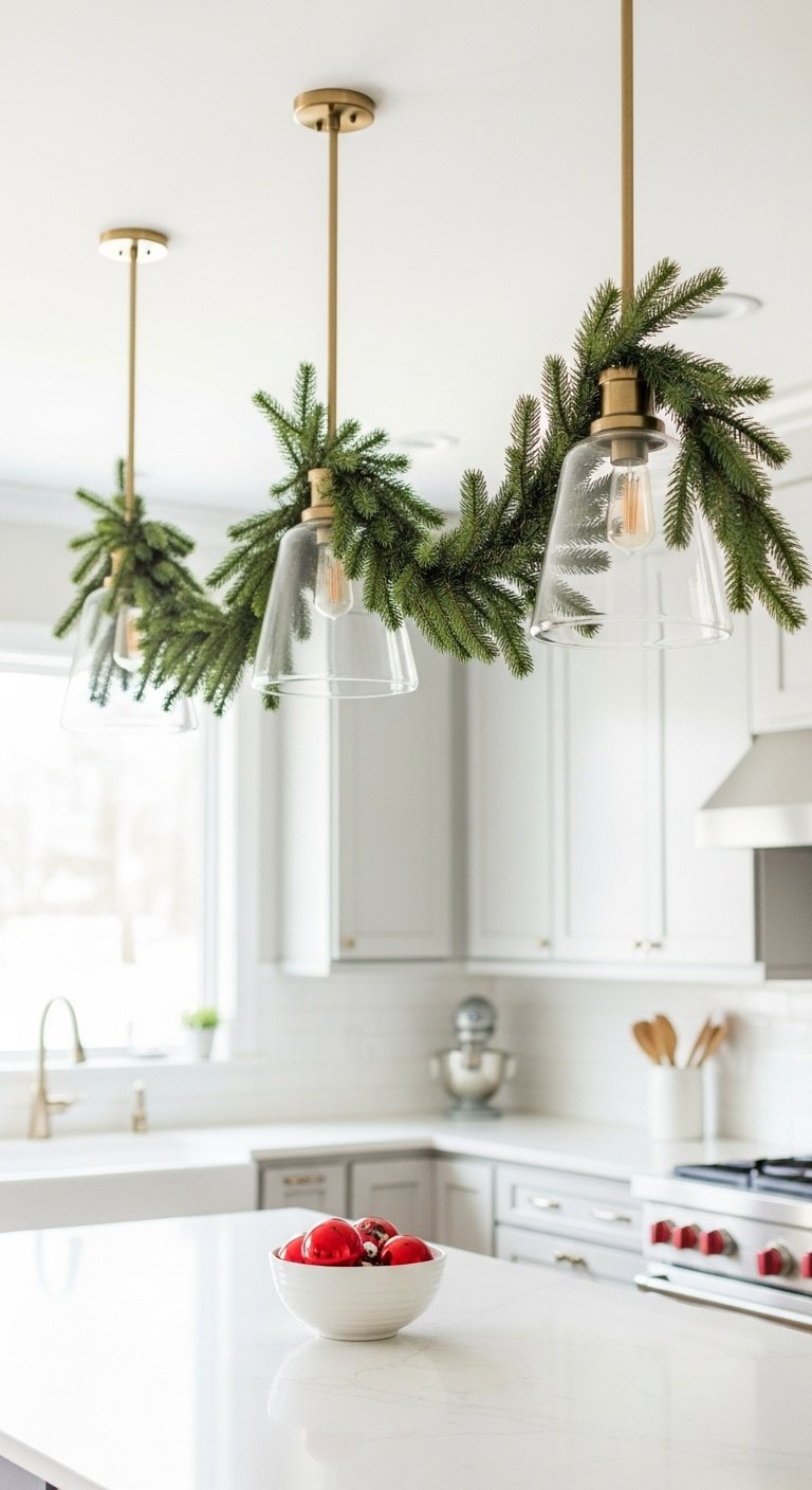 Three kitchen pendant lights with a lush faux pine garland swagged over a white quartz island in a modern kitchen. Holiday decor.