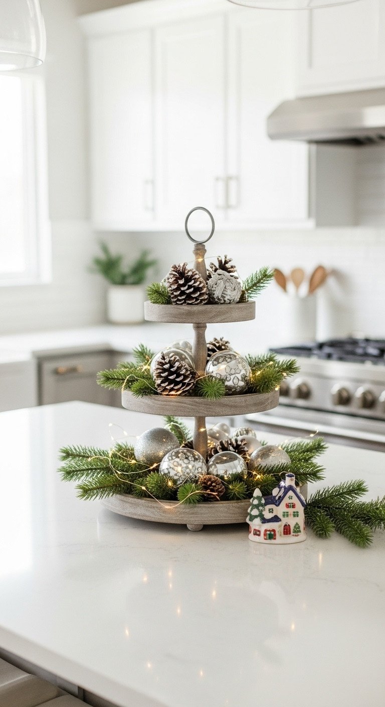 Three-tiered Christmas decor tray with ornaments, pinecones, faux snow, and fairy lights on a light kitchen island.