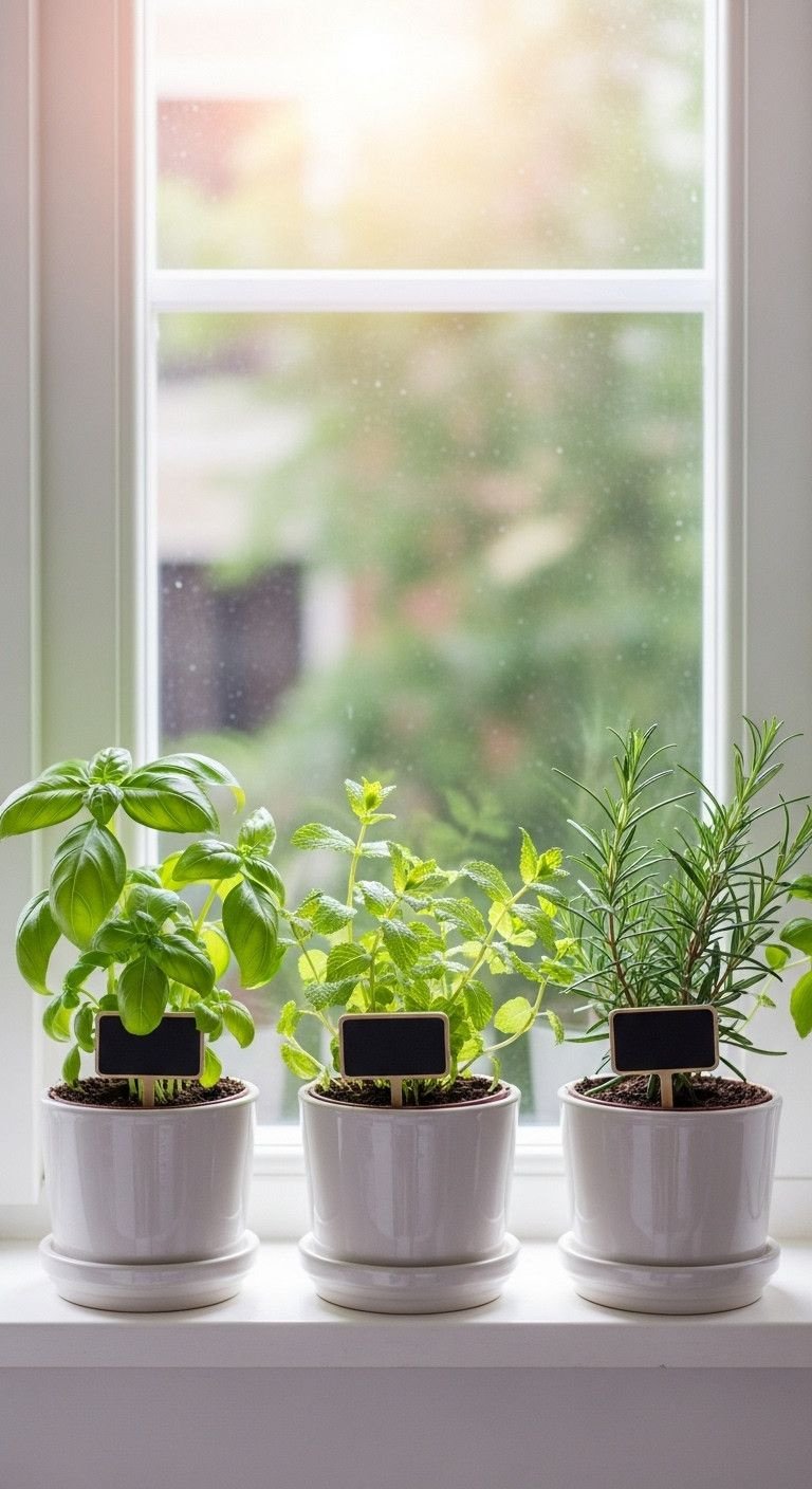 Thriving basil, mint, and rosemary in white ceramic pots on a sunny kitchen windowsill, a fresh indoor herb garden.