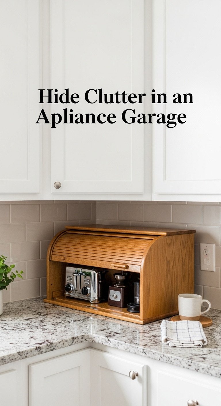 Tidy kitchen countertop corner with a stylish roll top wooden appliance garage slightly open, revealing a toaster and coffee grinder
