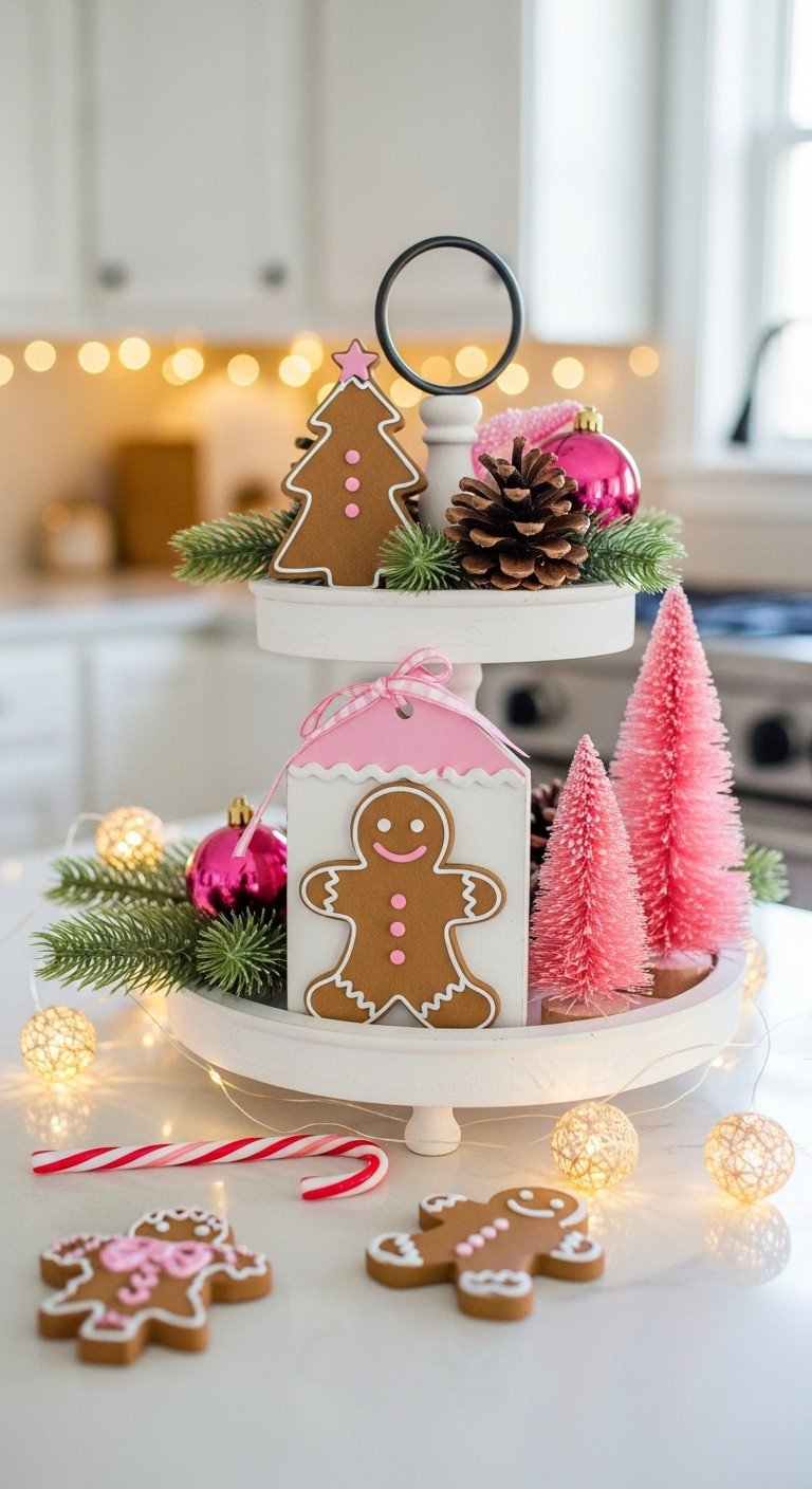 Tiered tray with pink and white gingerbread man sign faux pink gingerbread cookies and candy canes