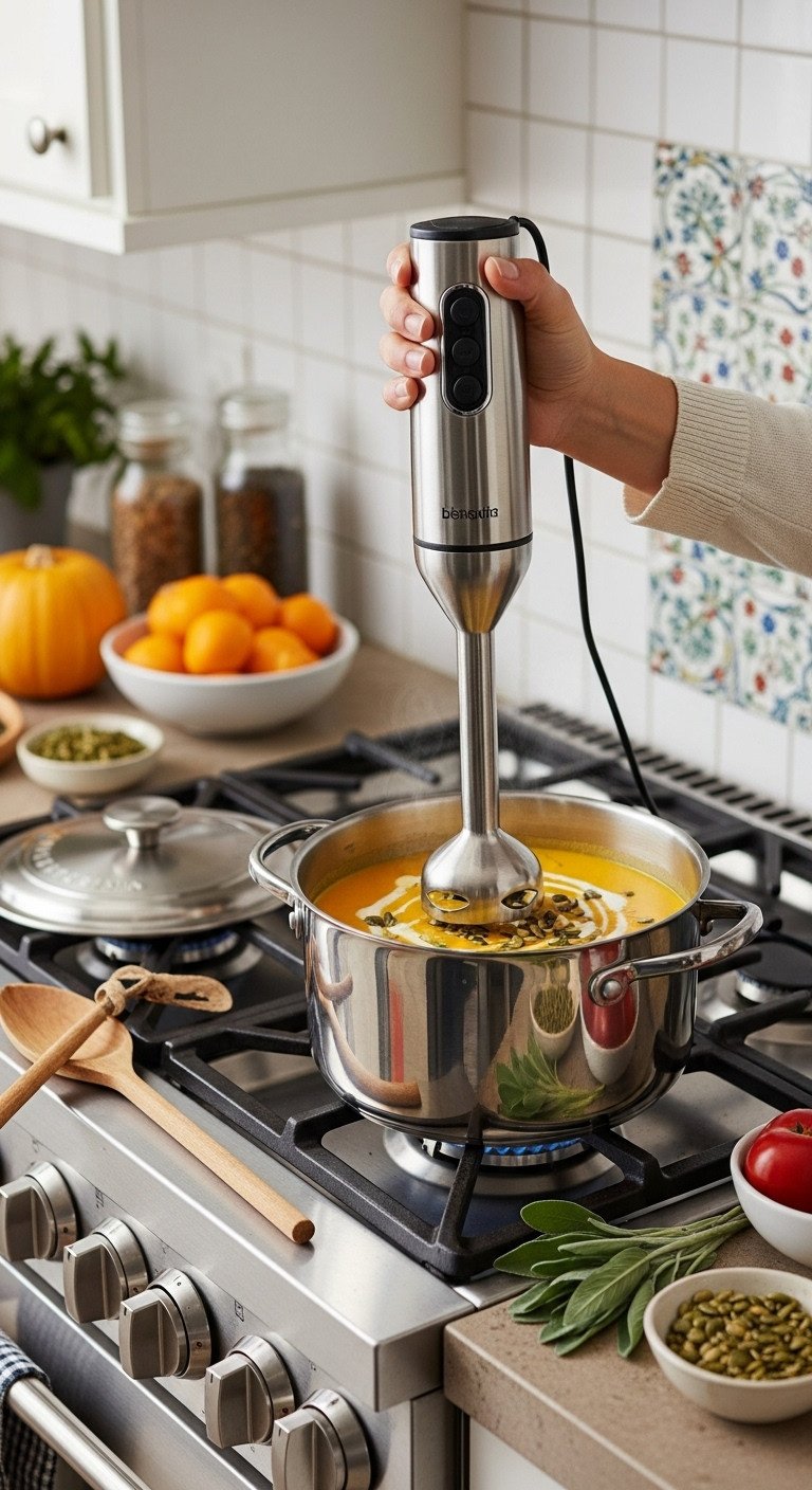 Time-saving immersion blender pureeing creamy butternut squash soup in a festive Dutch oven