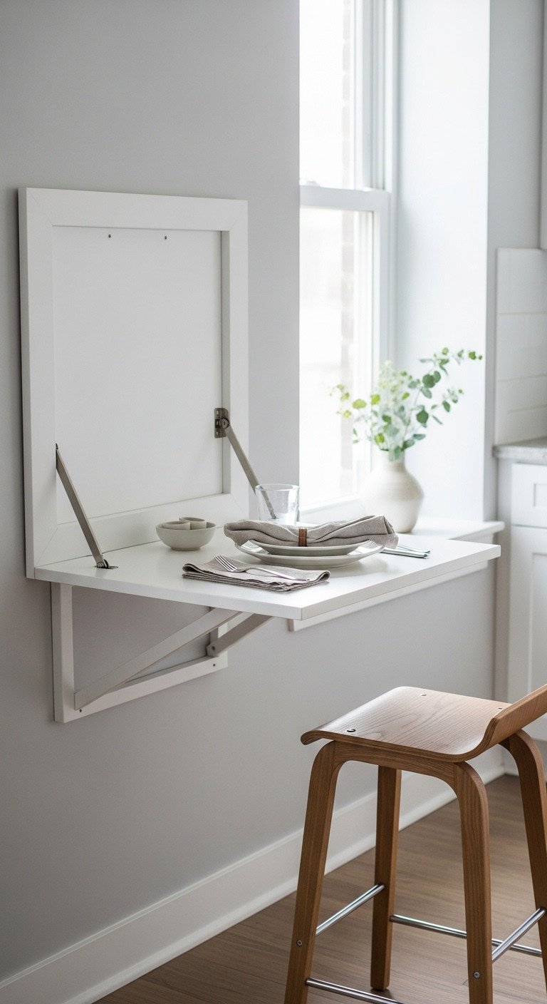 Tiny apartment kitchen featuring a white wall mounted drop leaf table set for one with a modern wooden stool underneath
