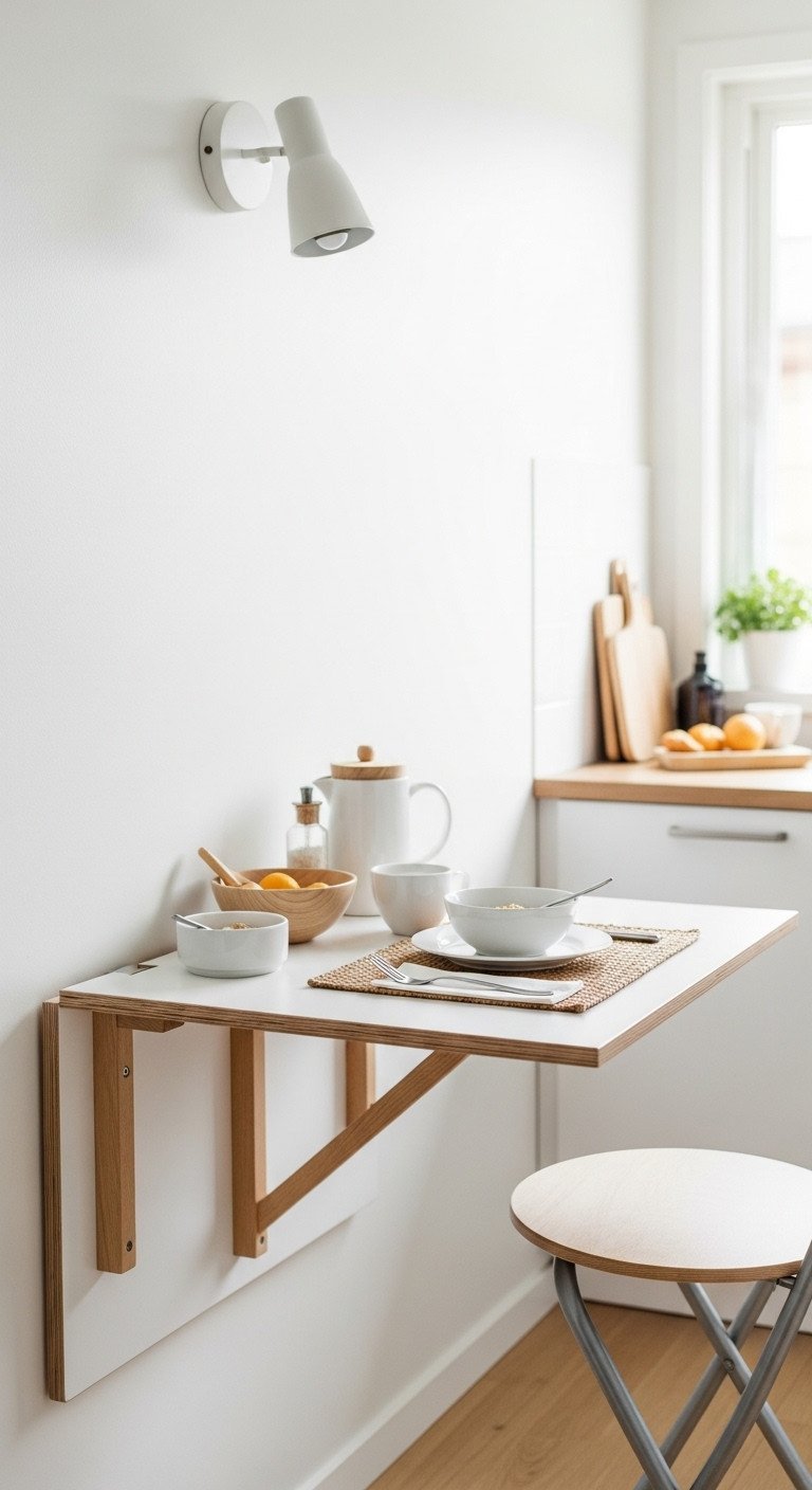 Tiny minimalist kitchen with Scandinavian birch wood drop-leaf table set for breakfast. White wall and folding stool. Space-saving.