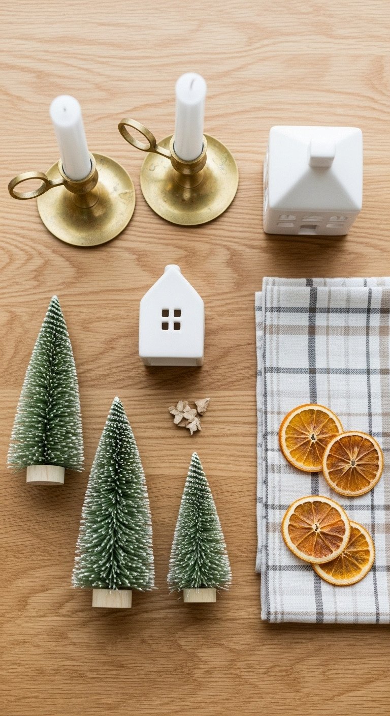 Beautiful Christmas Kitchen Shelves A Step By Step Guide 3 Top-down flat lay of Christmas decor mood board: sage bottle brush trees, brass candlesticks, white house, plaid fabric, dried oranges on oak.