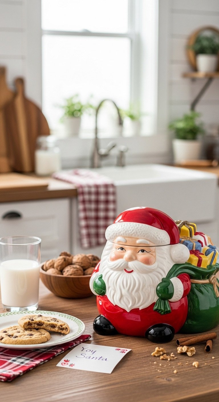 Traditional Christmas kitchen with classic Santa Claus cookie jar on a rustic wooden table with milk and cookies for Santa