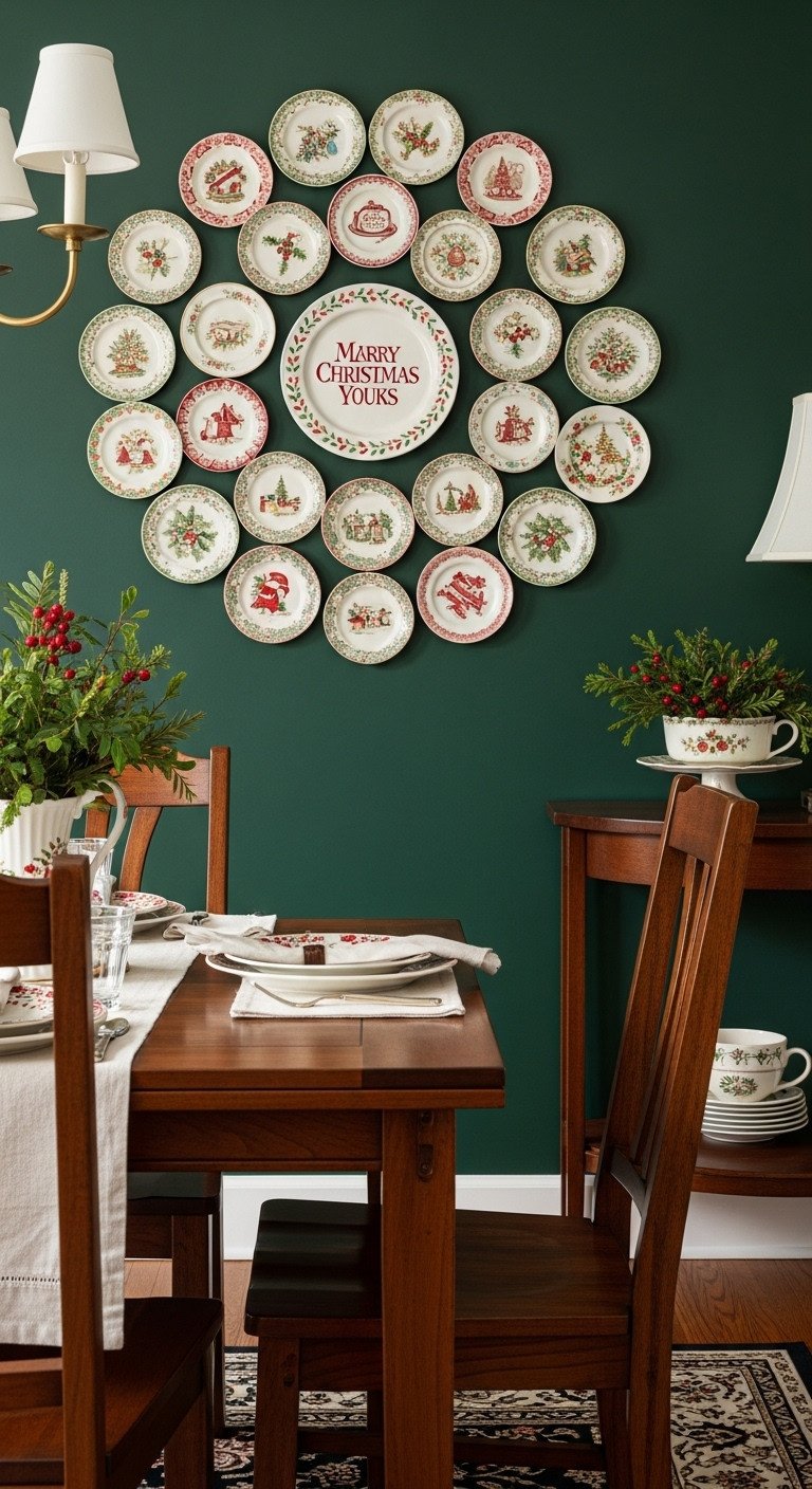 Traditional Christmas kitchen with festive plate wreath display on a deep green wall above a dark wood dining table