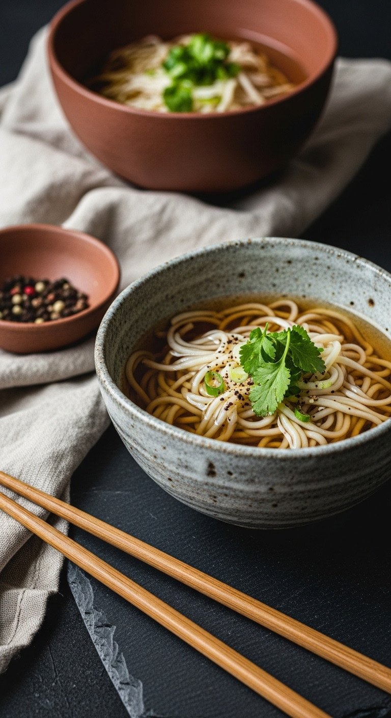 Traditional Japanese kitchen celebrating craftsmanship with a rustic handmade ceramic ramen bowl and wooden chopsticks