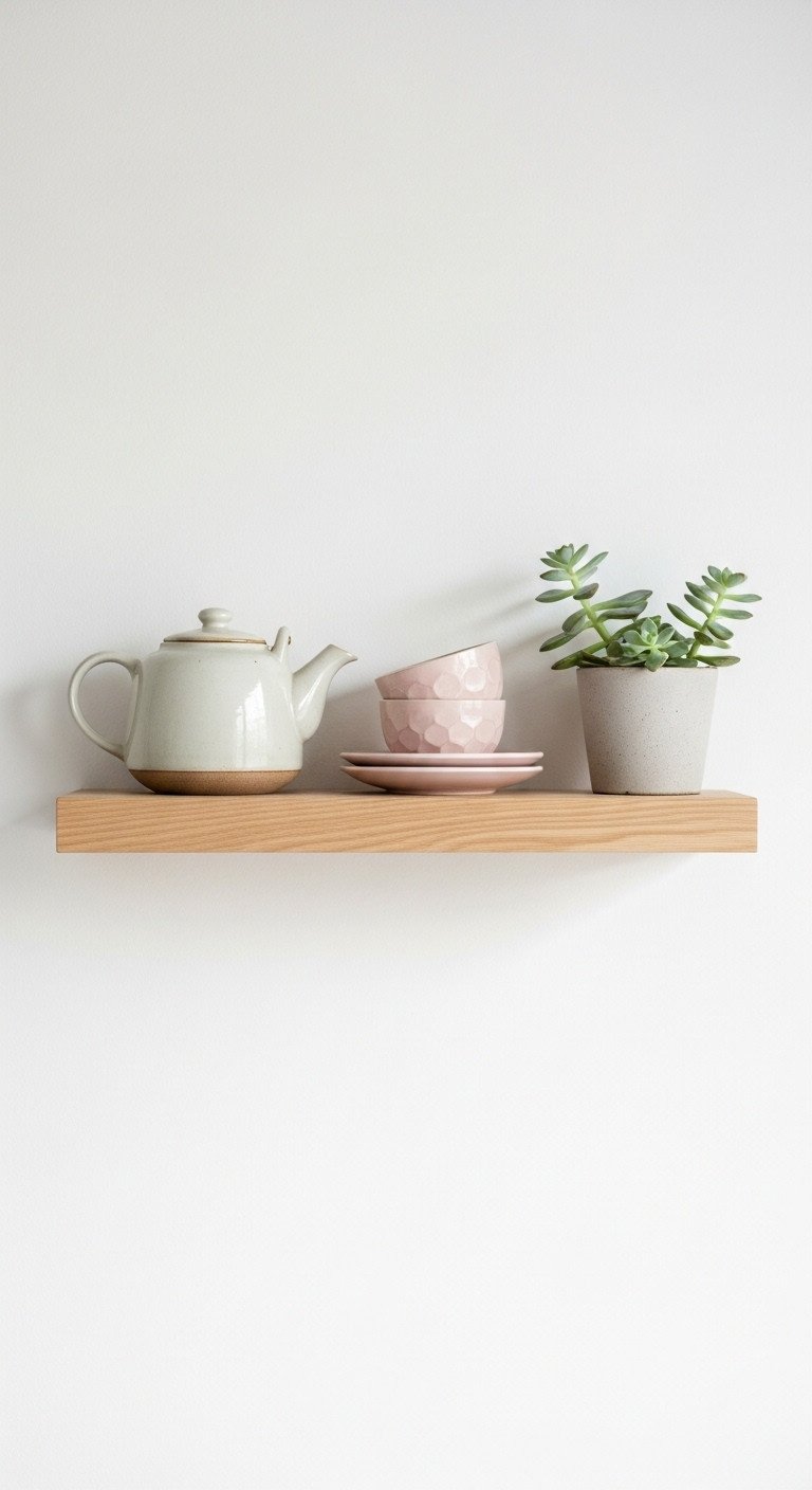 Traditional Japanese kitchen decor with purposeful restraint featuring a floating shelf with ceramic teapot cups and succulent