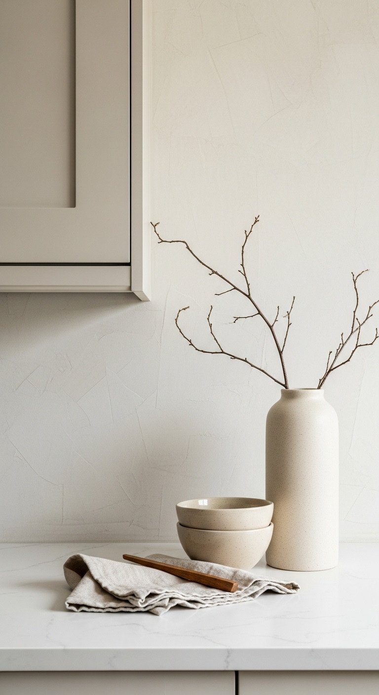 Traditional Japanese kitchen featuring a muted earthy color palette with a textured beige limewash wall and cream cabinet