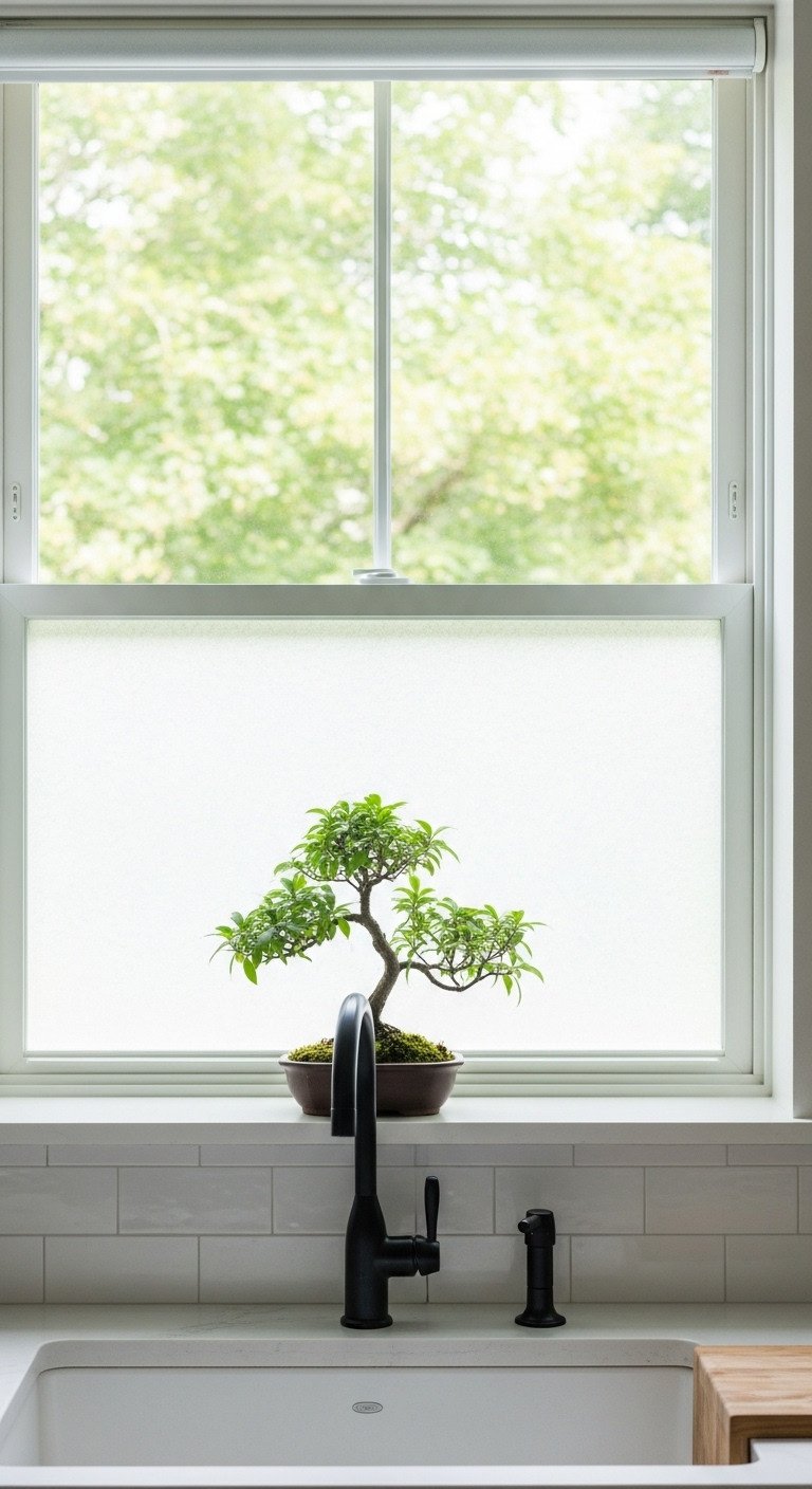 Traditional Japanese kitchen fostering a connection to nature with a rice paper window film and elegant bonsai tree