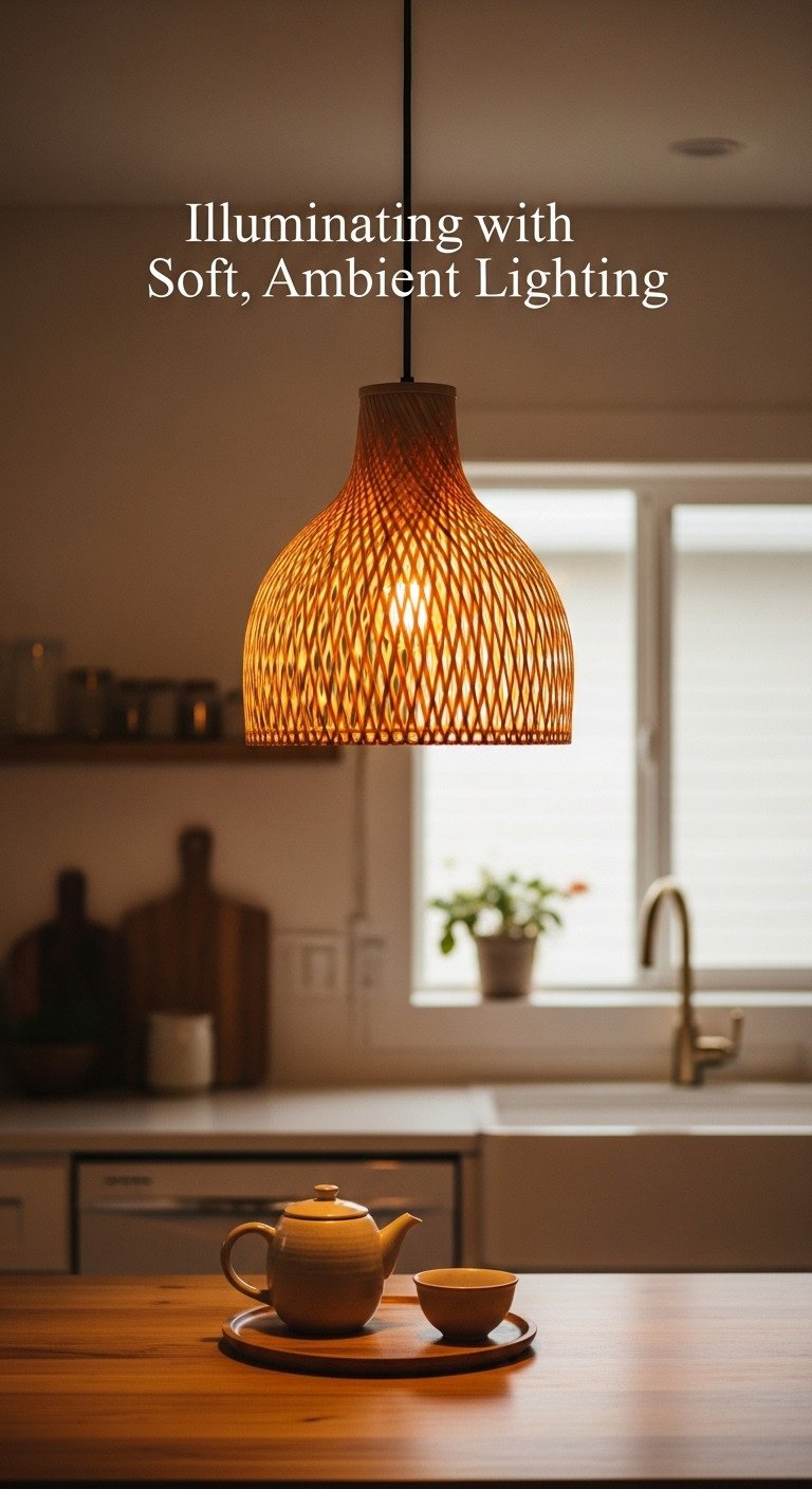 Traditional Japanese kitchen with a woven bamboo pendant light casting soft ambient lighting over a minimalist island and tea set