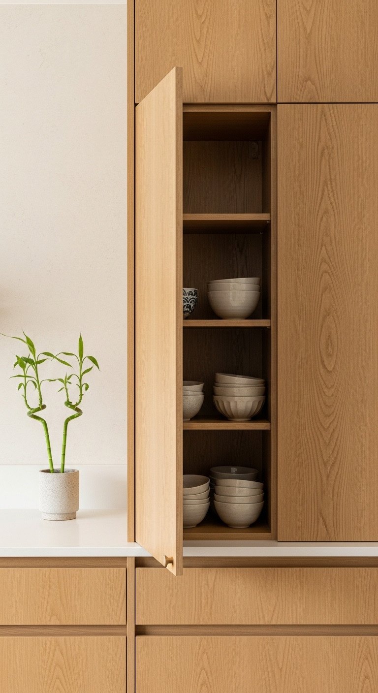 Traditional Japanese kitchen with seamless light oak handleless cabinets revealing organized ceramic bowls and a bamboo plant