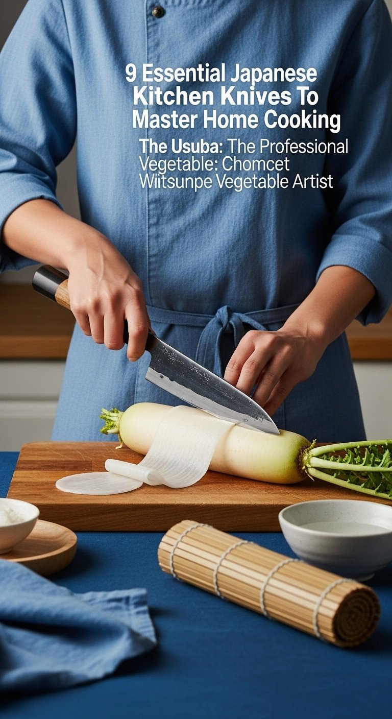 Traditional Usuba knife with single-bevel blade creating a paper-thin translucent sheet from a daikon radish on a wooden cutting board with a bamboo mat