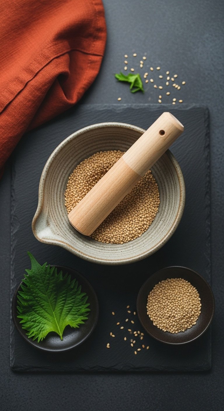 Traditional ceramic suribachi bowl with toasted sesame seeds and a surikogi pestle
