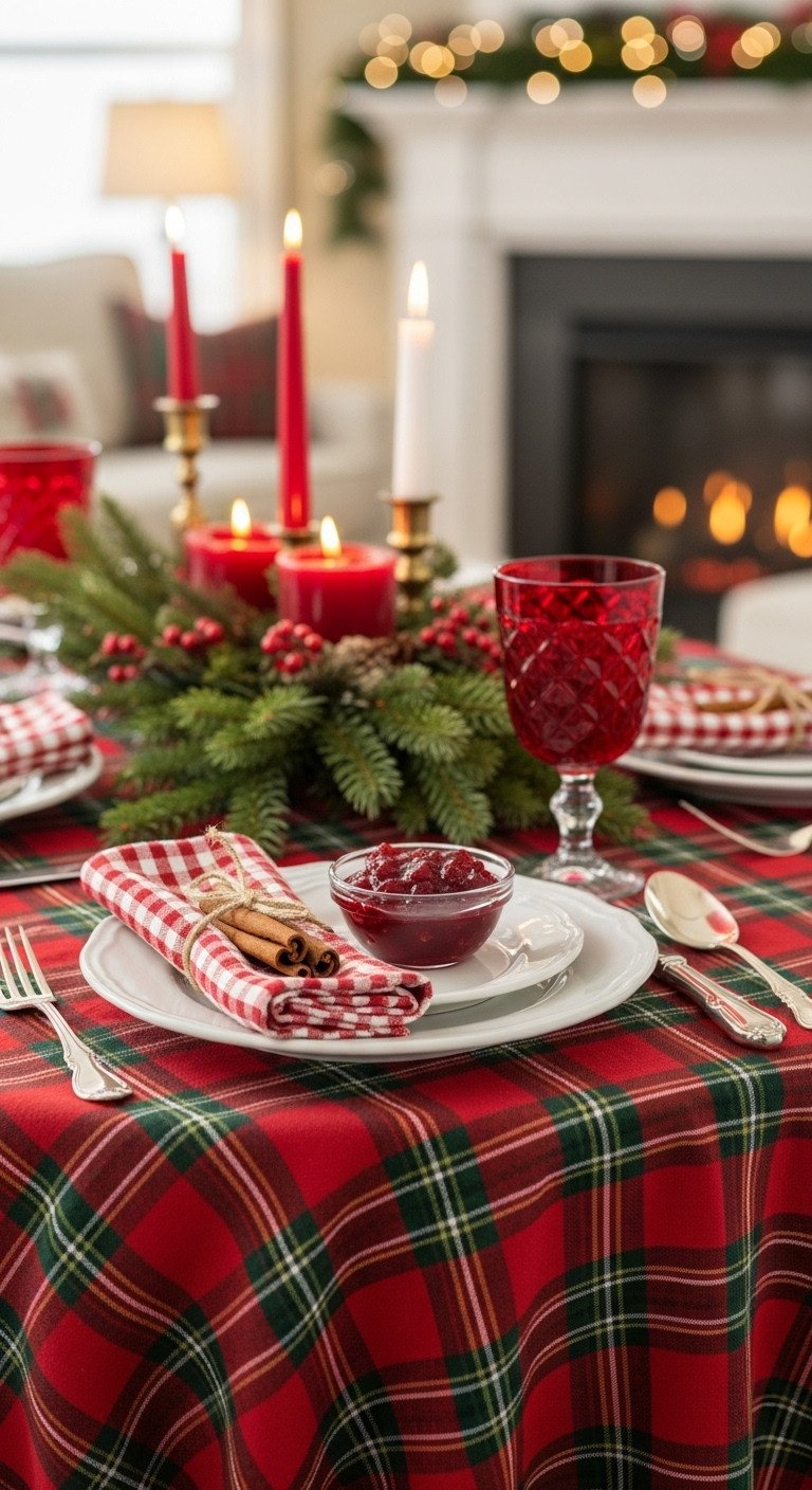 Christmas Table Decor Ideas To Inspire Every Style 7 Traditional red plaid Christmas table setting with white plate, cranberry sauce, cinnamon stick, vintage silverware on festive cloth.