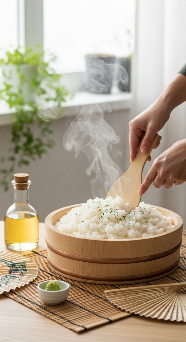Traditional wooden hangiri bowl filled with freshly cooked sushi rice and a rice paddle